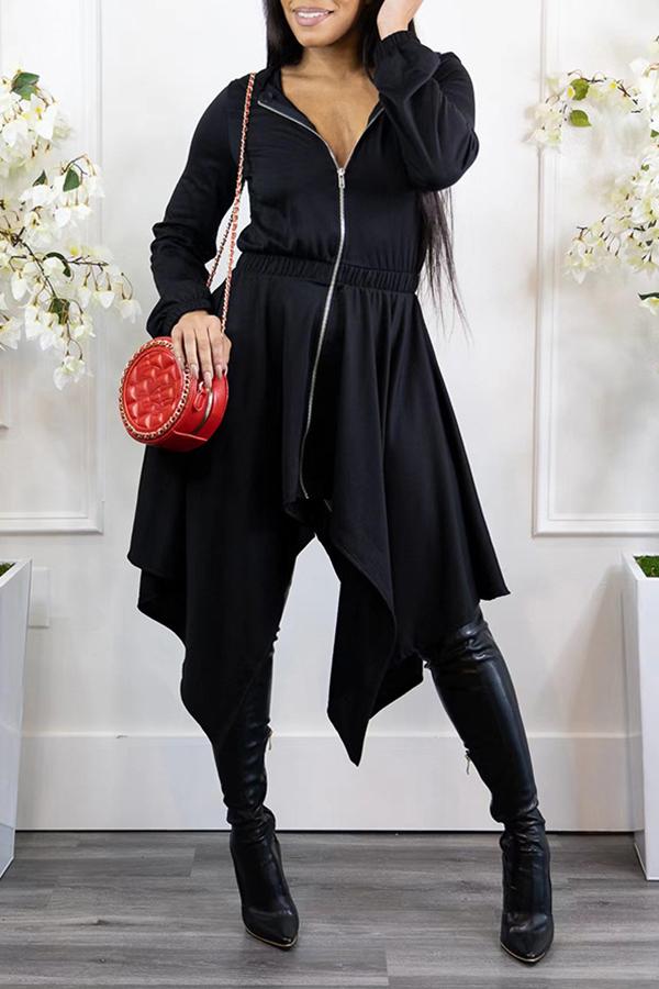 Personalized Irregular Zipper Long Sleeve Hooded Midi Dress Fashionpara