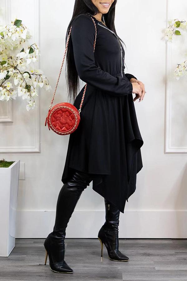 Personalized Irregular Zipper Long Sleeve Hooded Midi Dress Fashionpara