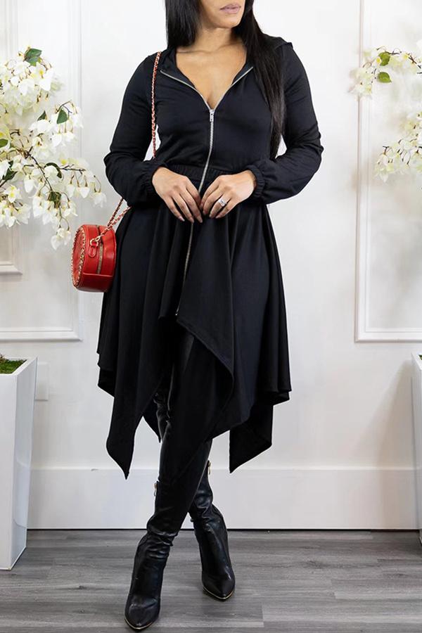Personalized Irregular Zipper Long Sleeve Hooded Midi Dress Fashionpara