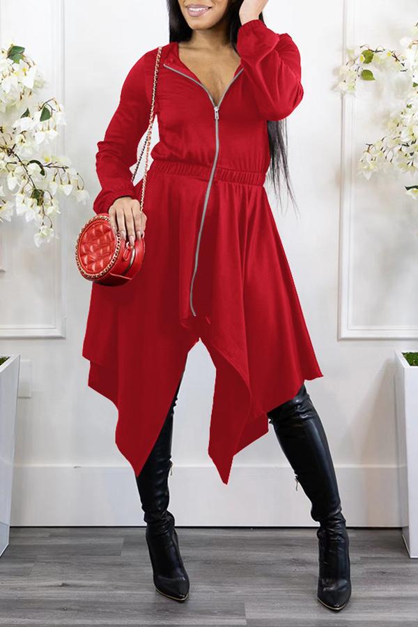 Personalized Irregular Zipper Long Sleeve Hooded Midi Dress Fashionpara