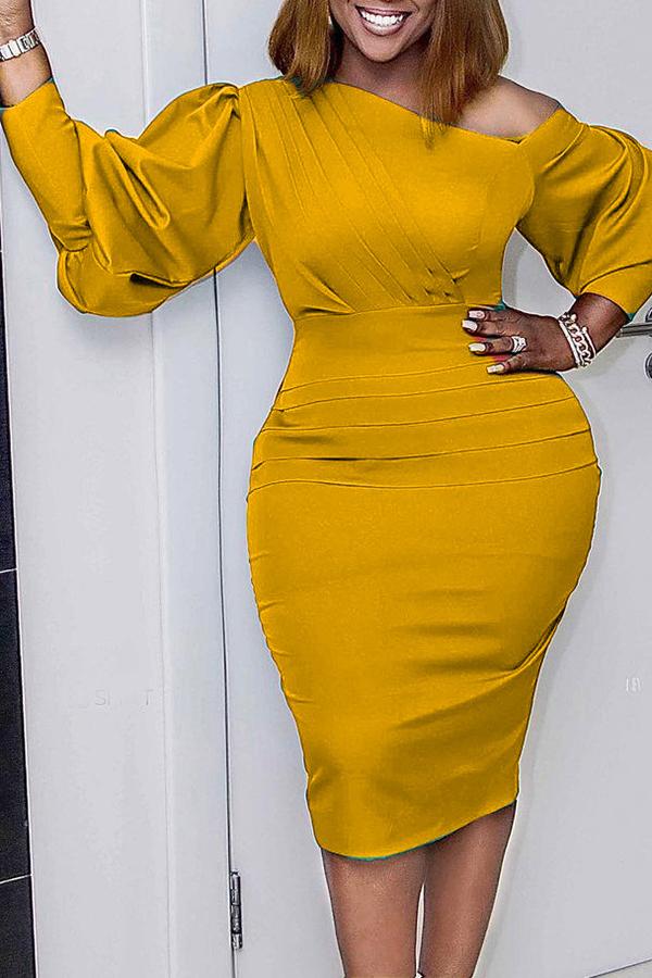 Elegant Slanted Shoulder Pleated Sleeve Hip Midi Dress Fashionpara