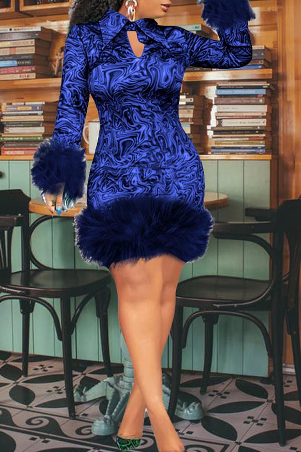 Fashion Print Plus Size Lapel Slim Feather Stitching Mini Dress Fashionpara