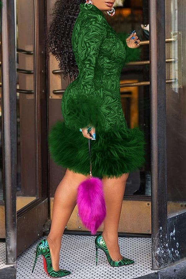 Fashion Print Plus Size Lapel Slim Feather Stitching Mini Dress Fashionpara