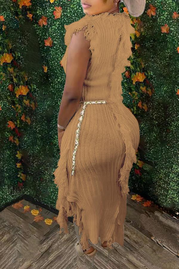 Chic Solid Color Round Neck Sleeveless Tassel Knit Maxi Dress Fashionpara