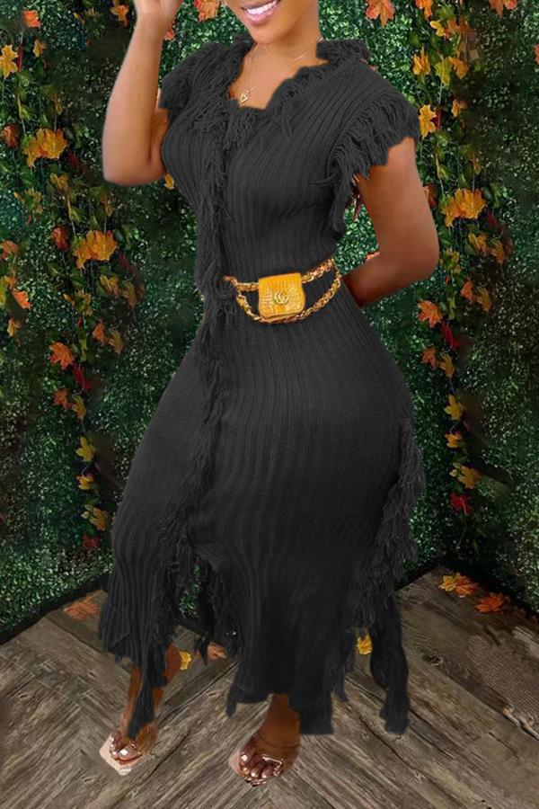 Chic Solid Color Round Neck Sleeveless Tassel Knit Maxi Dress Fashionpara