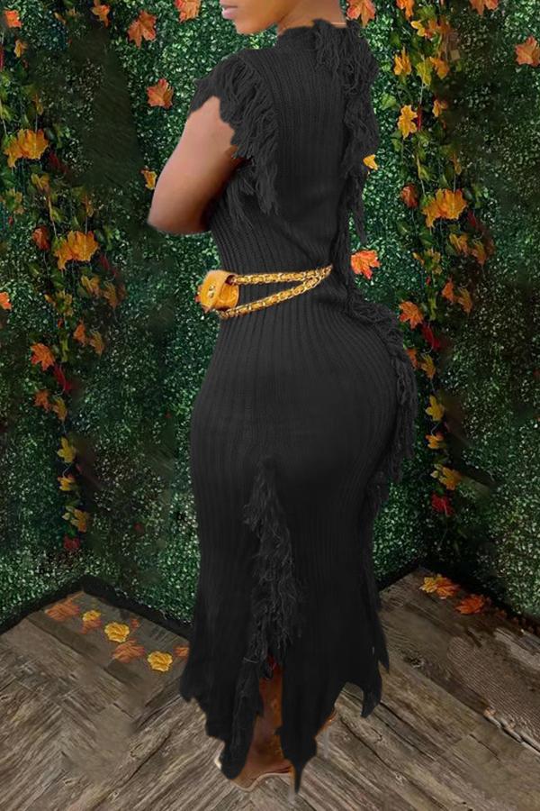 Chic Solid Color Round Neck Sleeveless Tassel Knit Maxi Dress Fashionpara