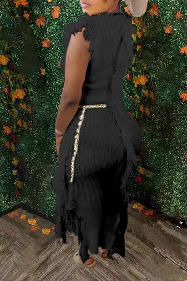 Chic Solid Color Round Neck Sleeveless Tassel Knit Maxi Dress Fashionpara