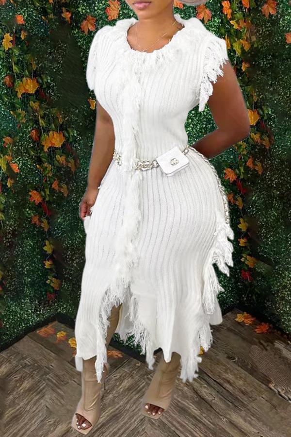 Chic Solid Color Round Neck Sleeveless Tassel Knit Maxi Dress Fashionpara