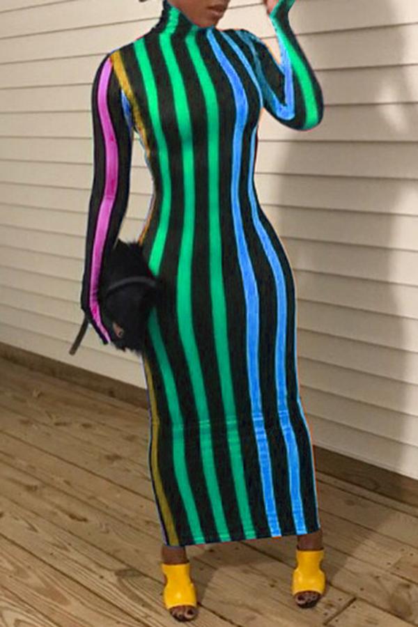 Colorful Striped High Neck Slim Long Sleeve Maxi Dress Fashionpara