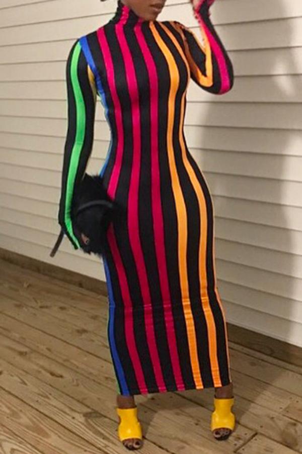 Colorful Striped High Neck Slim Long Sleeve Maxi Dress Fashionpara