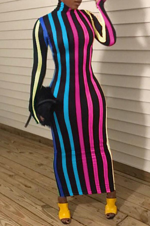 Colorful Striped High Neck Slim Long Sleeve Maxi Dress Fashionpara