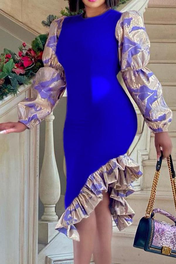 Elegant Stitching Printed Sleeve Irregular Ruffle Midi Dress Fashionpara