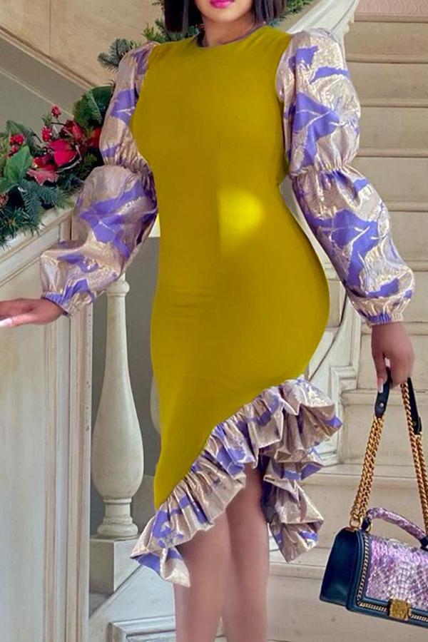 Elegant Stitching Printed Sleeve Irregular Ruffle Midi Dress Fashionpara