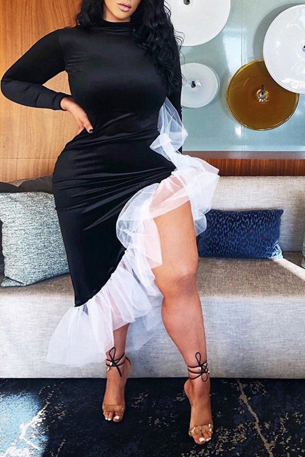 Sexy Velour Slim Fit Irregular Ruffle Stitching Midi Dress Fashionpara