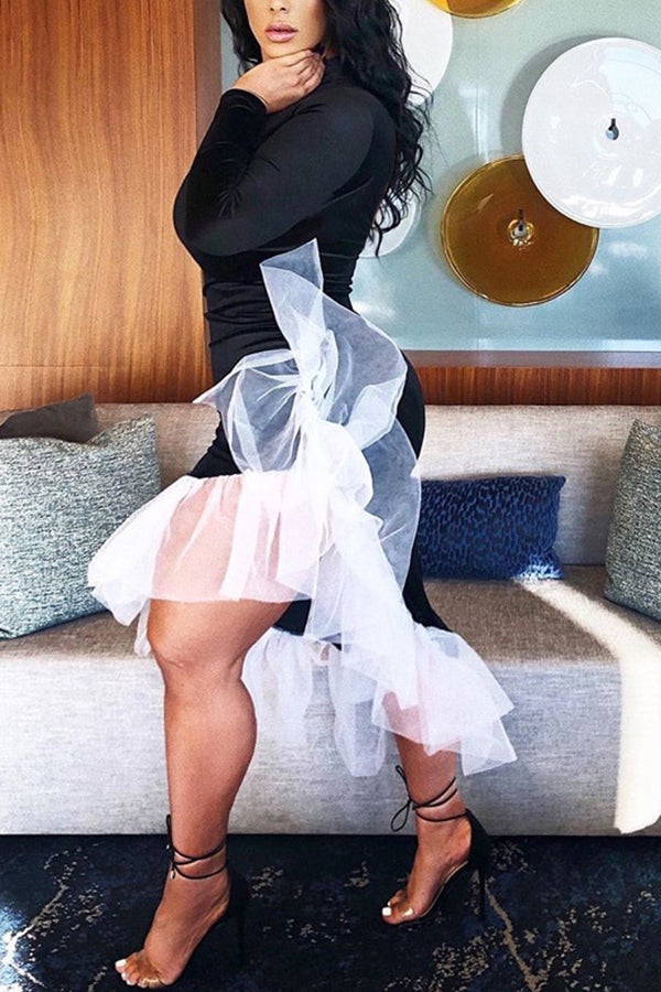 Sexy Velour Slim Fit Irregular Ruffle Stitching Midi Dress Fashionpara