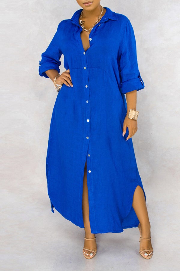 Basic Solid Color Loose Single Breasted Long Sleeve Maxi Dress - Fashionpara