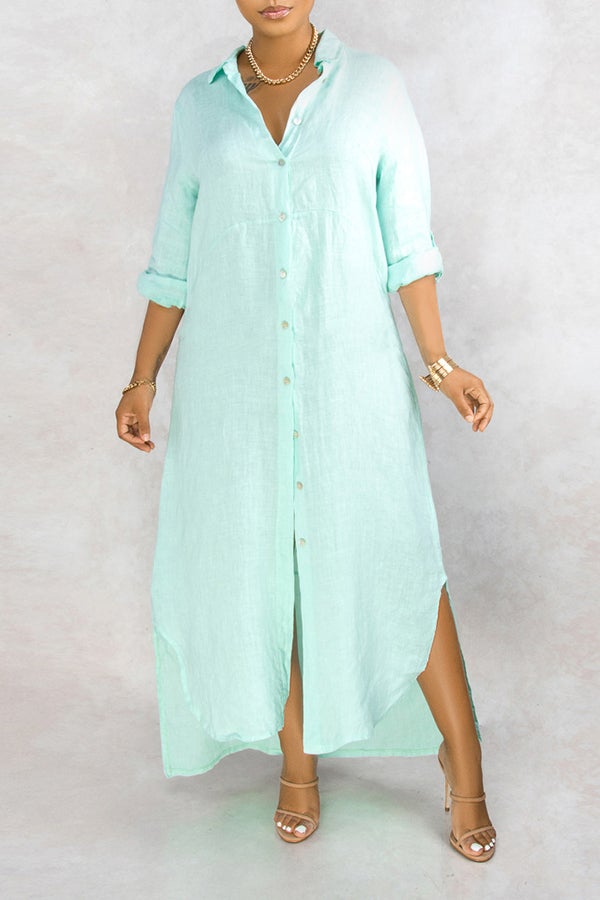 Basic Solid Color Loose Single Breasted Long Sleeve Maxi Dress - Fashionpara