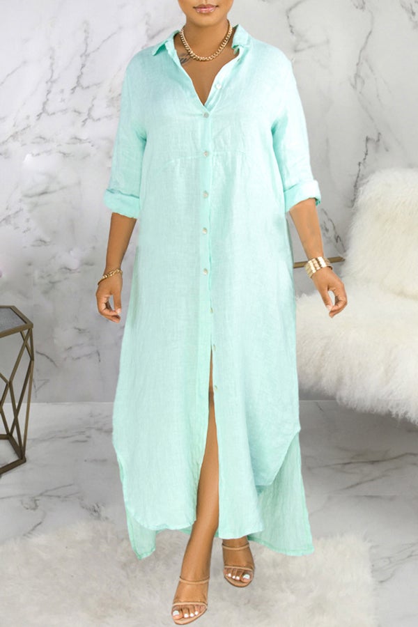 Basic Solid Color Loose Single Breasted Long Sleeve Maxi Dress - Fashionpara