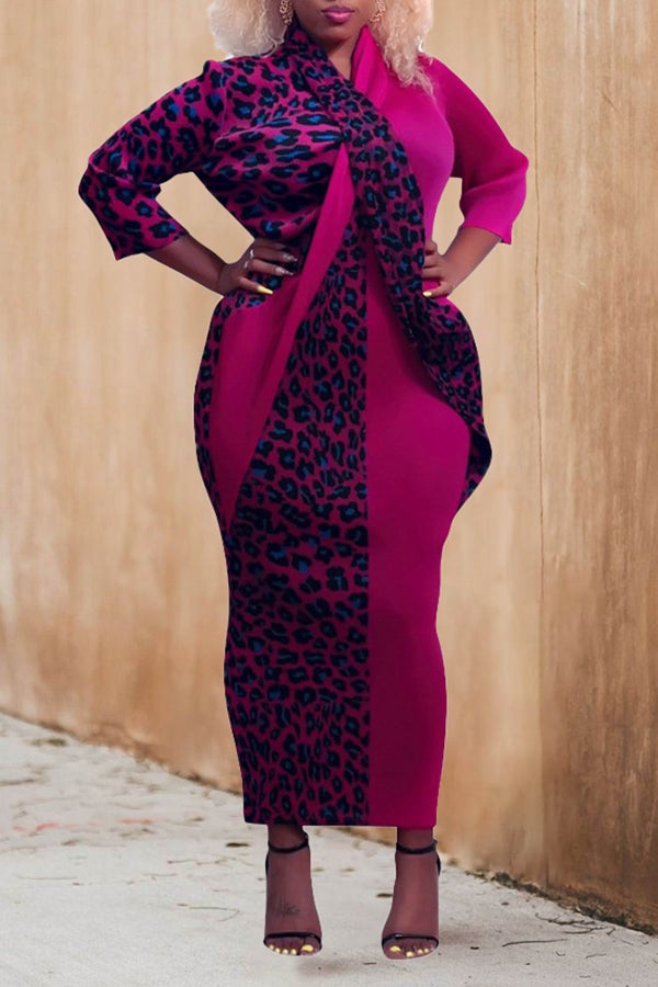 Fashion Leopard Print Stitching Long Sleeve Plus Size Maxi Dress Fashionpara