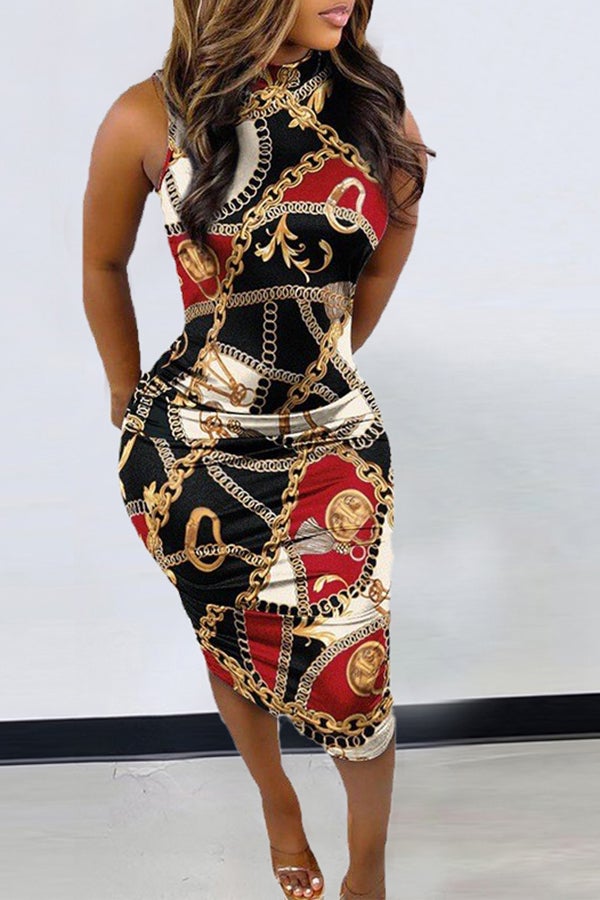 Feminine Graphic Print Sleeveless Slim Fit Midi Dress Fashionpara