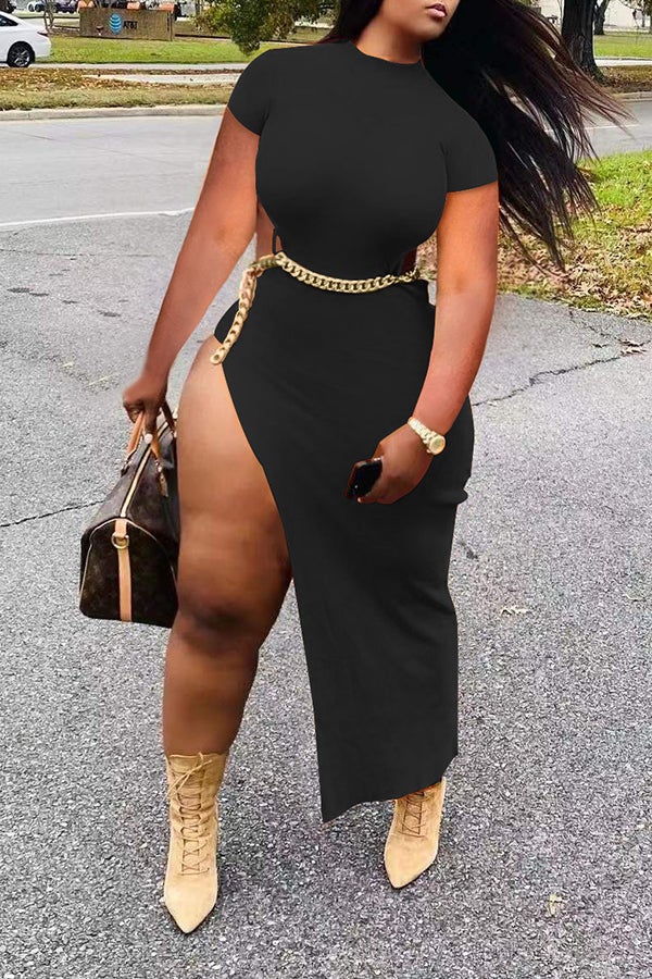 Sexy Waist Cutout Chain High Slit Slim Fit Short Sleeve Maxi Dress Fashionpara