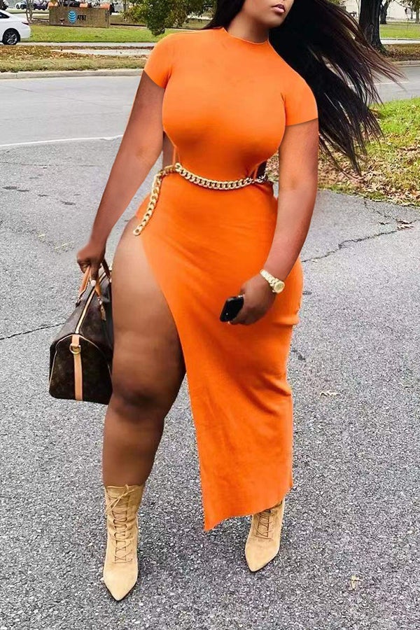 Sexy Waist Cutout Chain High Slit Slim Fit Short Sleeve Maxi Dress Fashionpara