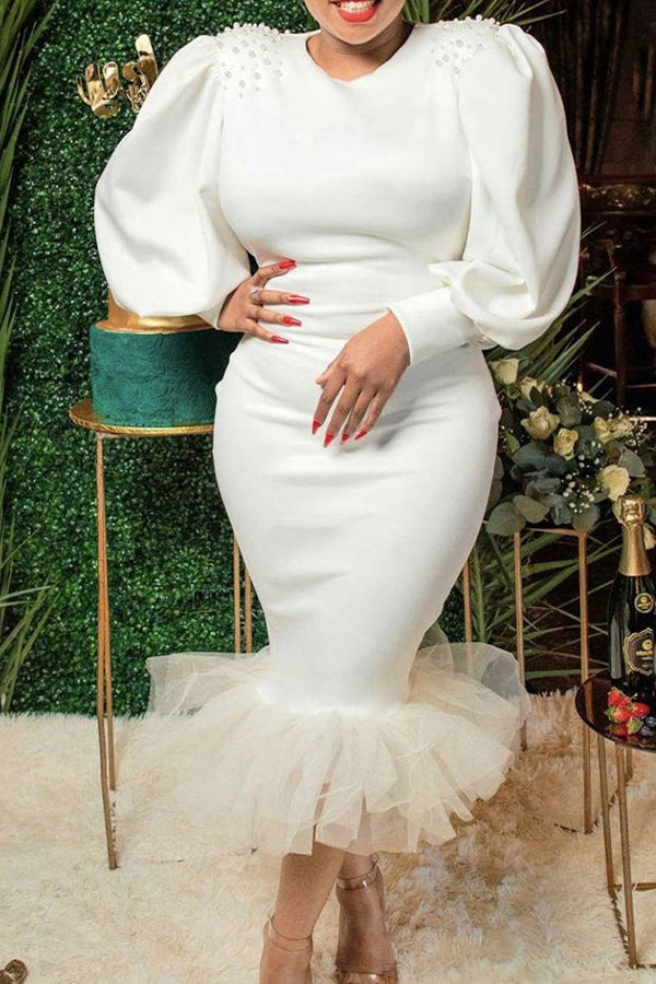 Elegant Round Neck Puff Sleeve Mesh Stitching Fishtail Midi Dress Fashionpara