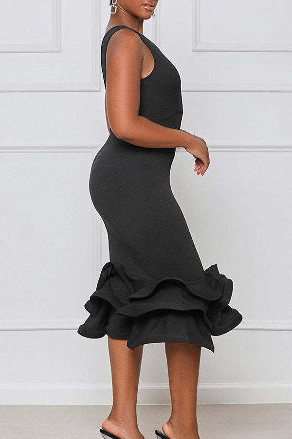 Elegant V-neck Sleeveless Slim Fit 3D Ruffle Hem Midi Dress Fashionpara