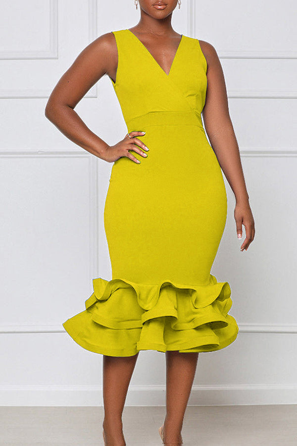 Elegant V-neck Sleeveless Slim Fit 3D Ruffle Hem Midi Dress Fashionpara