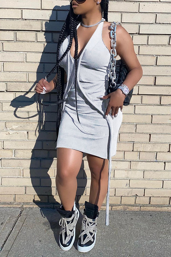 Statement Panel Sleeveless Slim Fit Halter Mini Dress Fashionpara