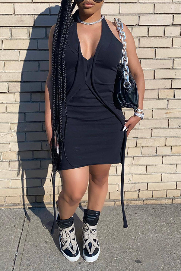 Statement Panel Sleeveless Slim Fit Halter Mini Dress Fashionpara
