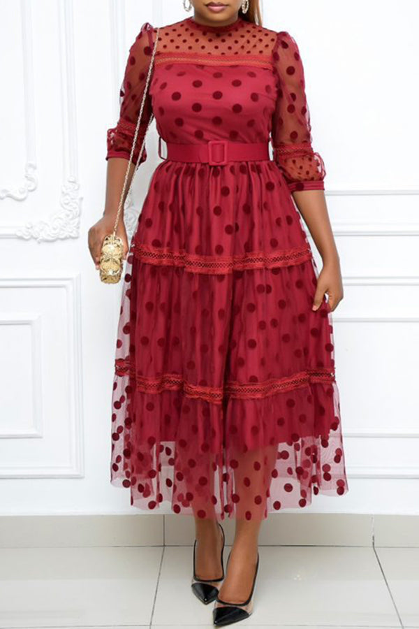 Commuter Polka Dot Mesh 3/4 Length Sleeve Plus Size Midi Dress (Without Belt)  Fashionpara