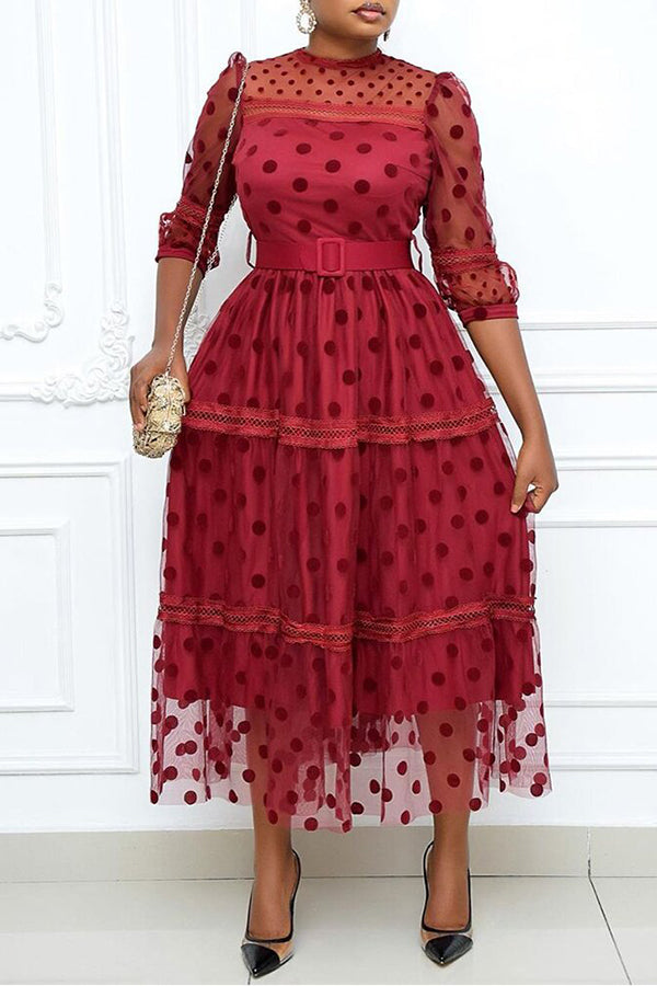 Commuter Polka Dot Mesh 3/4 Length Sleeve Plus Size Midi Dress (Without Belt)  Fashionpara