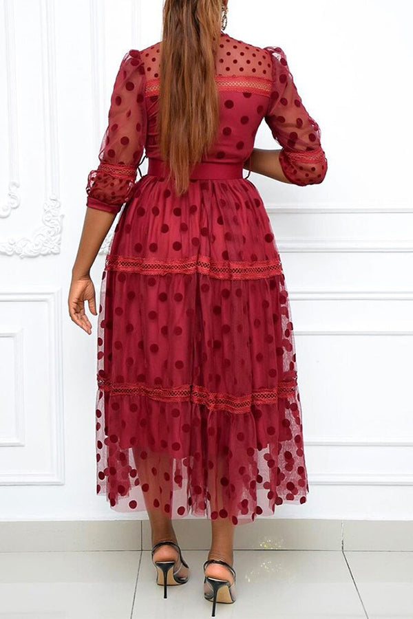 Commuter Polka Dot Mesh 3/4 Length Sleeve Plus Size Midi Dress (Without Belt)  Fashionpara