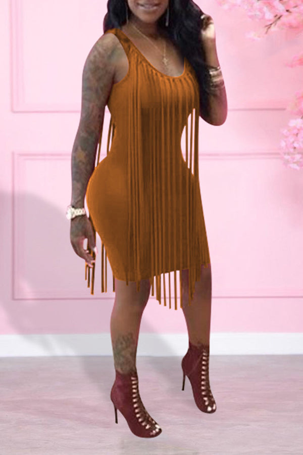 Sexy Solid Color Tassles Silm Fit Sleeveless Mini Dress Fashionpara