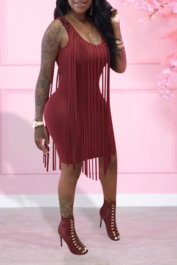 Sexy Solid Color Tassles Silm Fit Sleeveless Mini Dress Fashionpara