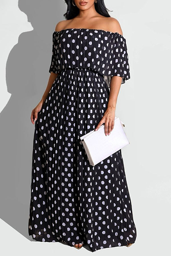 Temperament Off Shoulder Polka Dot Print Pleated Maxi Dress  Fashionpara