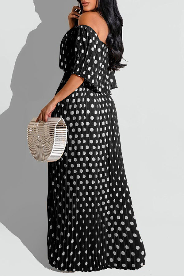 Temperament Off Shoulder Polka Dot Print Pleated Maxi Dress  Fashionpara