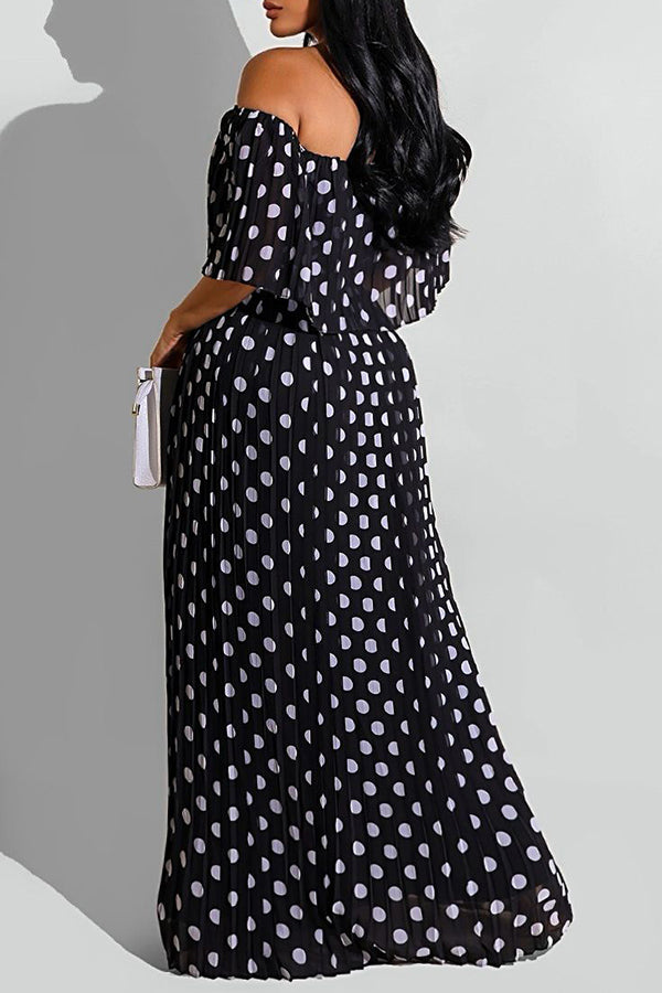 Temperament Off Shoulder Polka Dot Print Pleated Maxi Dress  Fashionpara
