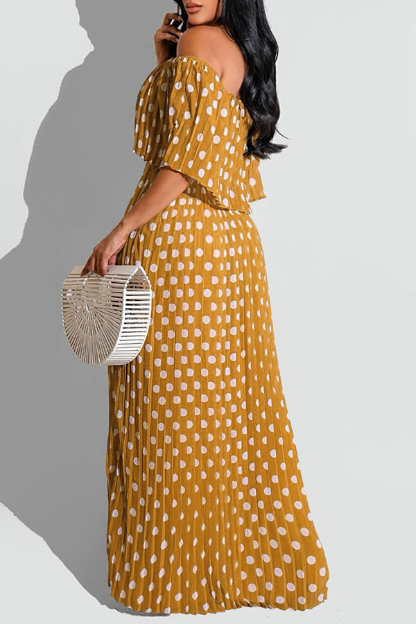Temperament Off Shoulder Polka Dot Print Pleated Maxi Dress  Fashionpara