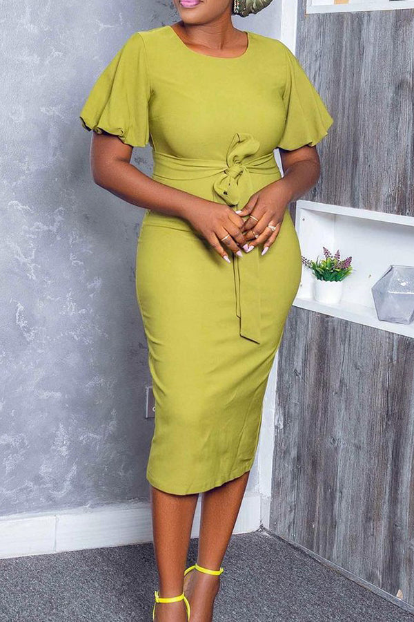 Temperament Round Neck Solid Color Lantern Sleeve Midi Dress Fashionpara