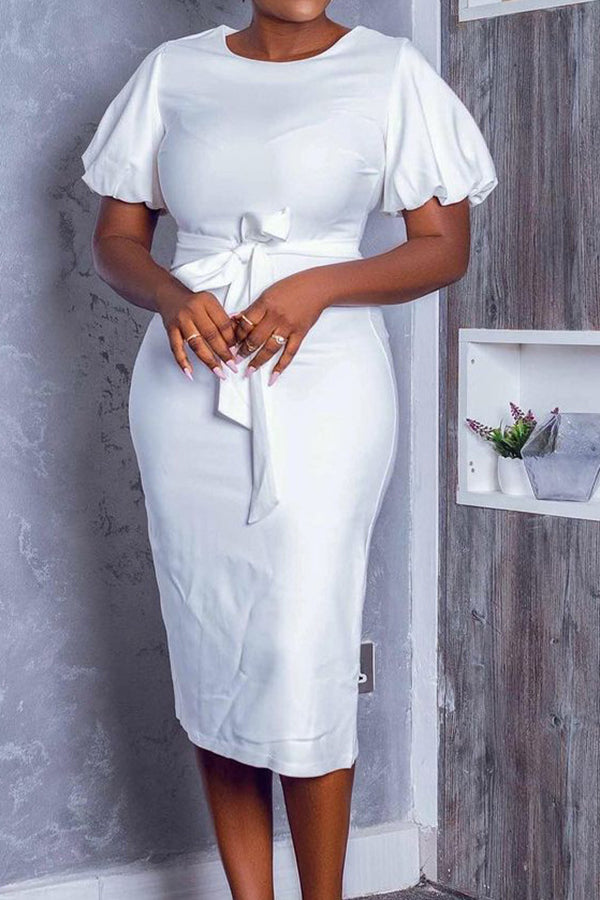 Temperament Round Neck Solid Color Lantern Sleeve Midi Dress Fashionpara