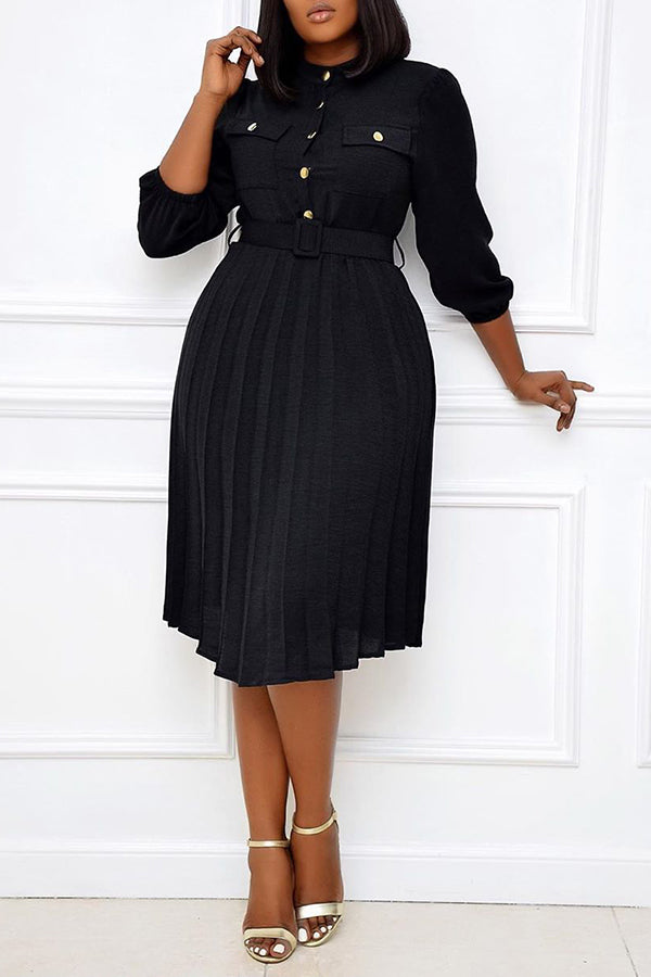 Commuter Single Breasted 3/4 Lenght Sleeve Pleated Midi Dress Fashionpara