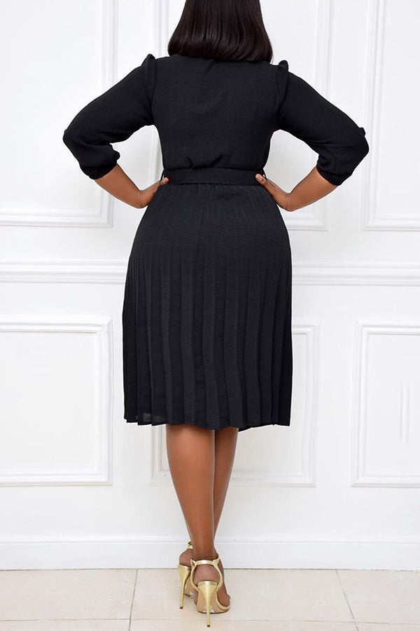 Commuter Single Breasted 3/4 Lenght Sleeve Pleated Midi Dress Fashionpara