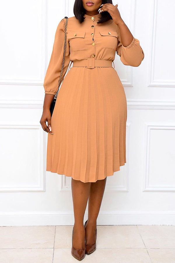 Commuter Single Breasted 3/4 Lenght Sleeve Pleated Midi Dress Fashionpara