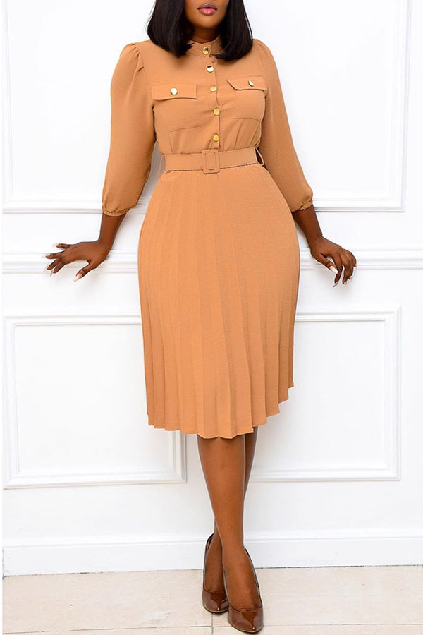 Commuter Single Breasted 3/4 Lenght Sleeve Pleated Midi Dress Fashionpara