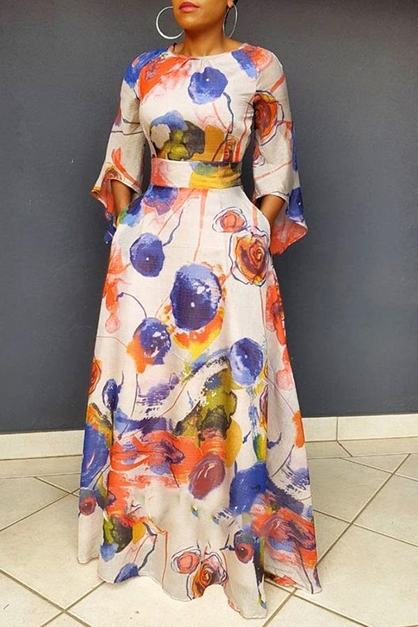 Temperament Round Neck Flare Sleeve Print Maxi Dress Fashionpara