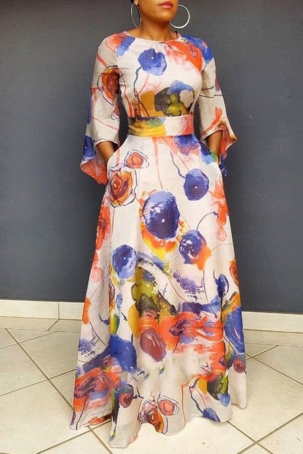 Temperament Round Neck Flare Sleeve Print Maxi Dress Fashionpara