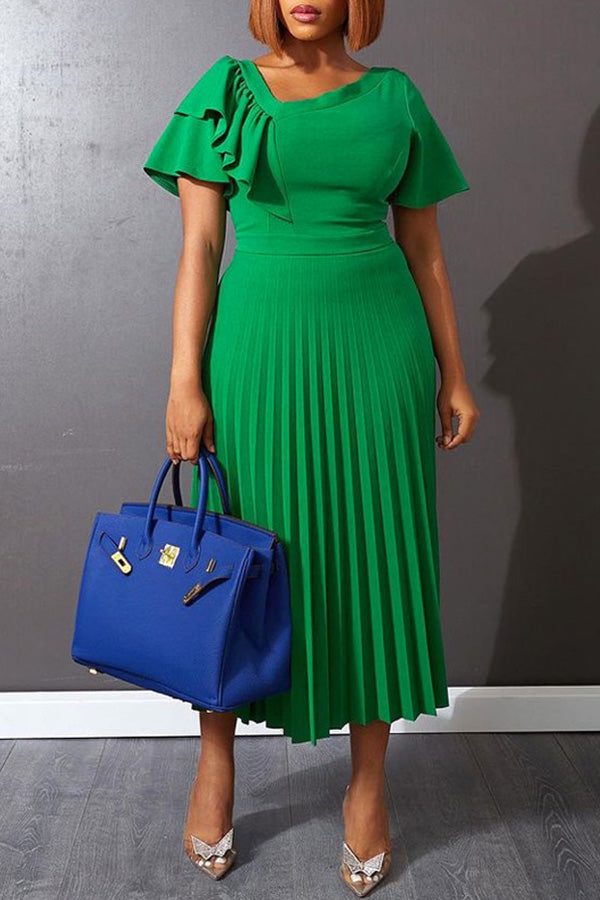 Commuter V-neck Ruffle Short Sleeve Plus Size Pleated Midi Dress Fashionpara