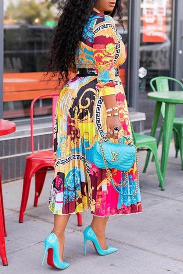 Temperament Lace Up Neck 3/4 Lenght Sleeve Print Midi Dress (Without Belt) Fashionpara